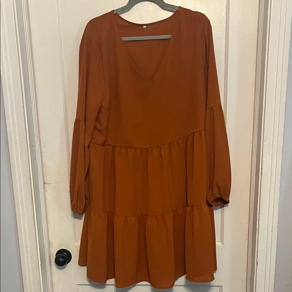 Tiered Long Sleeve V-Neck Women's Dress in Rust